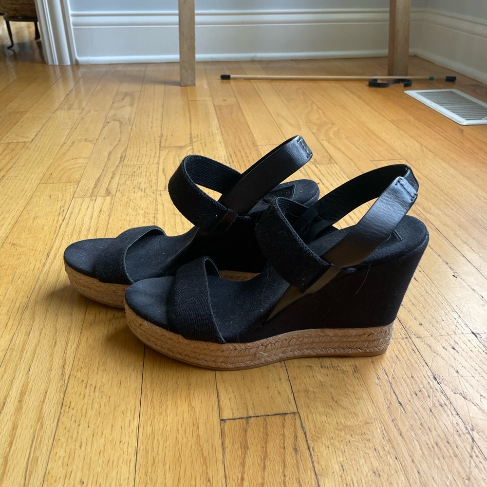 TORY BURCH Two-Band Canvas Wedge Espadrille Sandal Black SZ 9.5